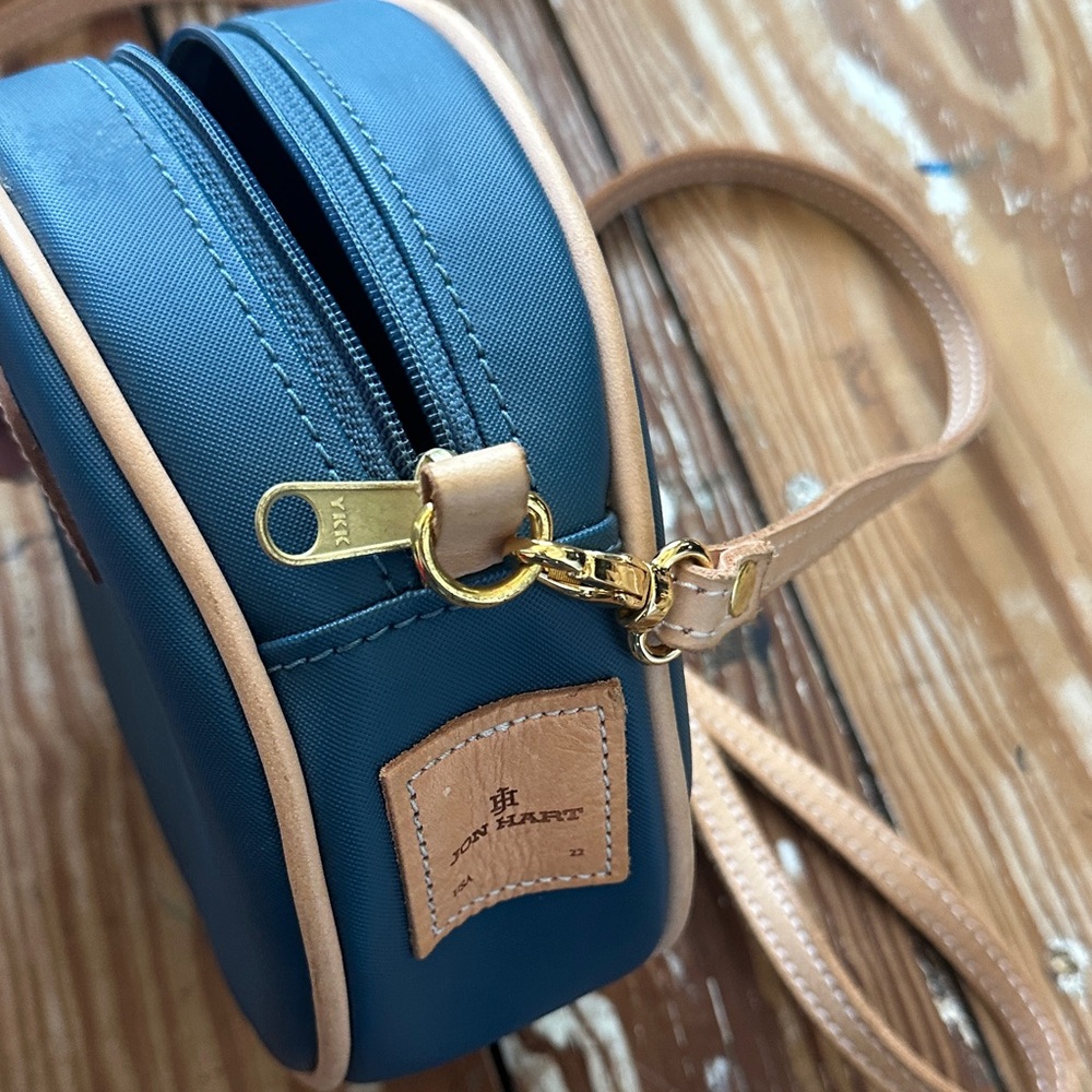 Navy Round Crossbody Jon Hart with Tan Trim - Picture 3 of 4